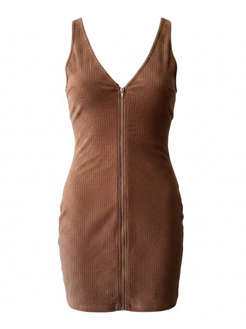Corduroy Sleeveless Brown Ribbed Zip-Front Dress